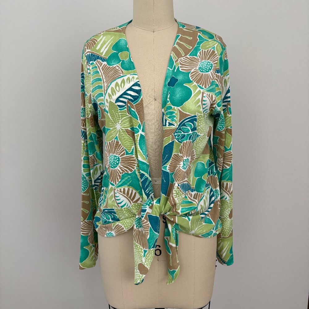 Hearts of Palm Green & Teal Tropical Long Sleeve Tie-Front Top Resortwear Chic M